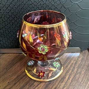 Arcadia Floral Ruby Red Glass Goblet with 24 kt gold leafing. 2 3/4” tall